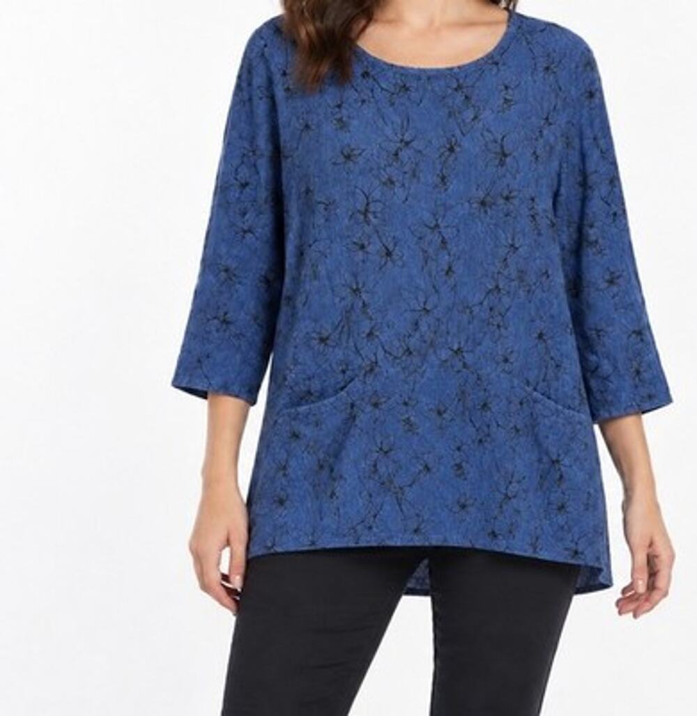 Cut Loose Linen Top XS Blue Floral Split Back Pockets Lagenlook NWT